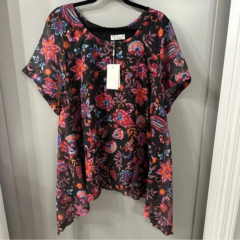 NWT Estelle Blouse Floral Paisley Shirt Bitty Dot Metallic Asymmetrical Hem 2X